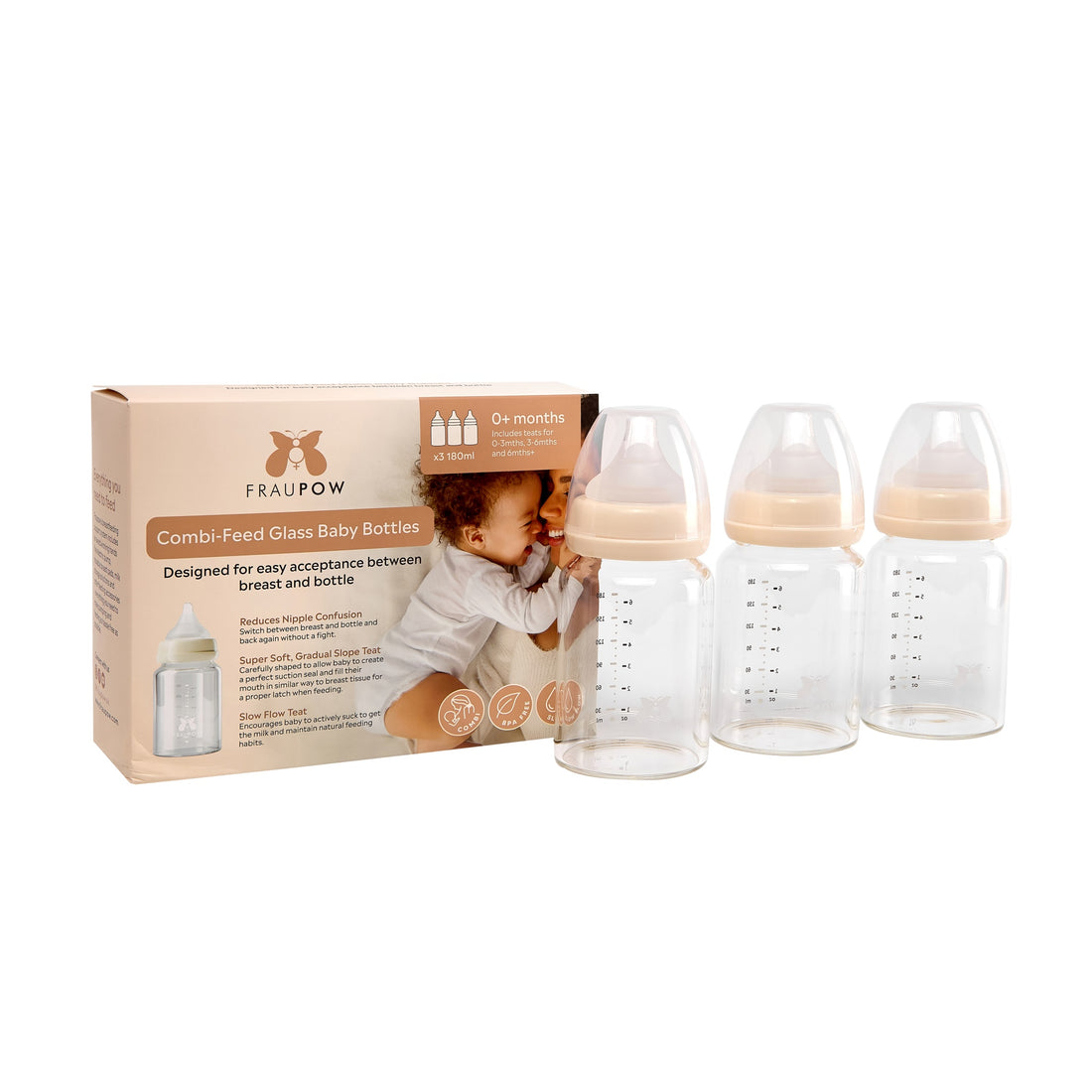 Fraupow Combi-Feed Glass Baby Bottles (Pack of 3)