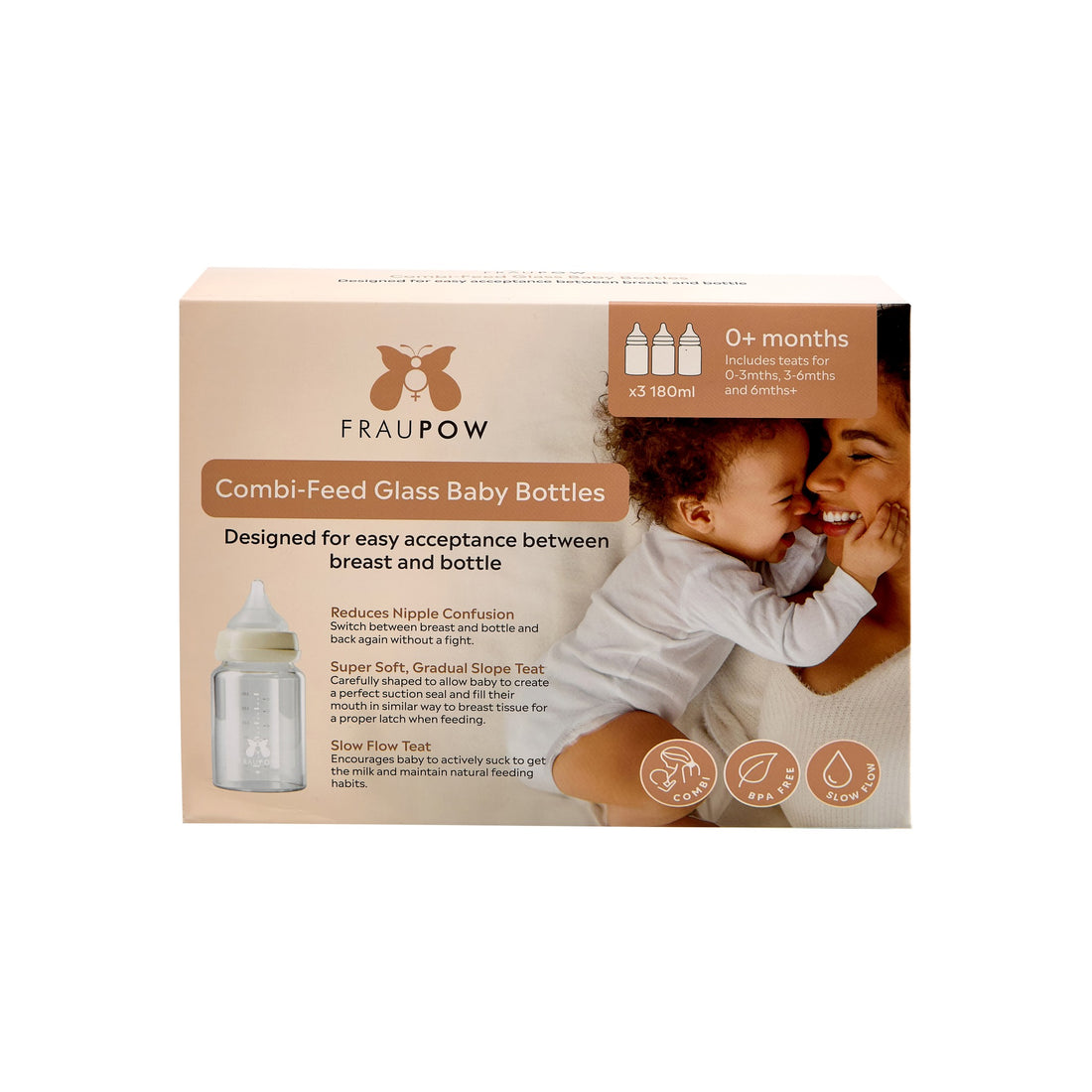Fraupow Combi-Feed Glass Baby Bottles (Pack of 3)